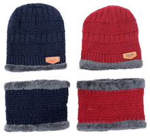 Load image into Gallery viewer, Cozy Knitted Winter Hat & Scarf Set with Fleece Lining - Red or Navy Blue
