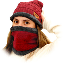 Load image into Gallery viewer, Cozy Knitted Winter Hat & Scarf Set with Fleece Lining - Red or Navy Blue