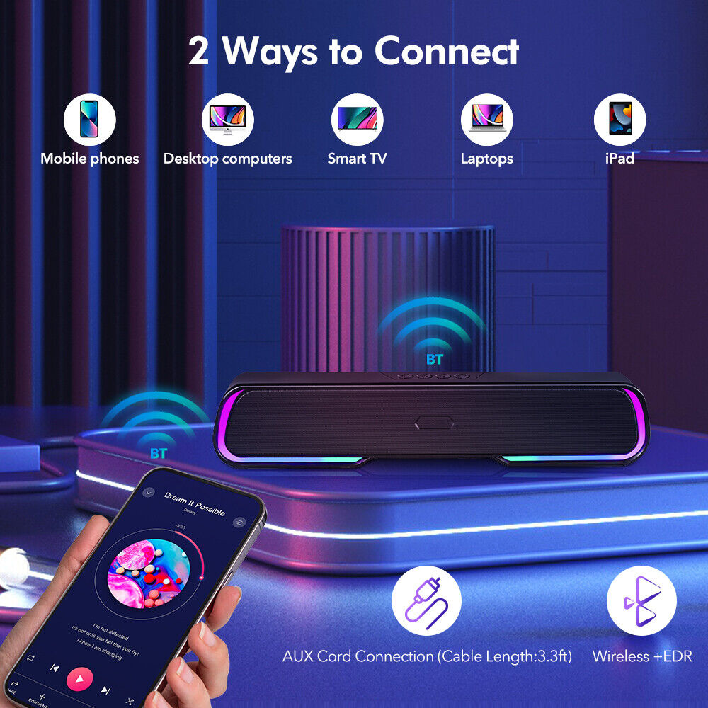 Wireless Bluetooth RGB Gaming TV Soundbar PC Speaker Bluetooth Sound S ...