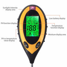 Load image into Gallery viewer, 4 in1 LCD Digital Soil PH Meter Tester Digital Temperature Sunlight Fertility Hygrometer