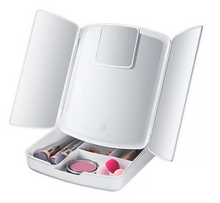 Load image into Gallery viewer, Foldable LED Makeup Mirror with Dimmable Lights and Makeup Storage Tray Tri-Fold Travel Mirror