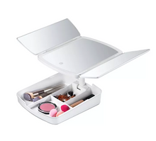 Load image into Gallery viewer, Foldable LED Makeup Mirror with Dimmable Lights and Makeup Storage Tray Tri-Fold Travel Mirror