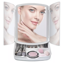 Load image into Gallery viewer, Foldable LED Makeup Mirror with Dimmable Lights and Makeup Storage Tray Tri-Fold Travel Mirror