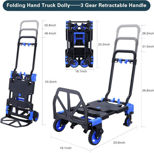 2-in-1 Folding Convertible Hand Truck Dolly, 330LB Capacity Cart with Retractable Handle and 4 Wheels