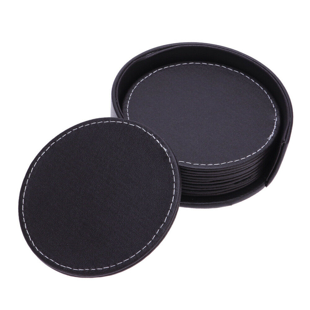 PU Leather Coaster Set with Holder Set Round Heat Insulation Cup Mat Drink Coast