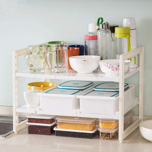 2 Tier Multifunctional Expandable Under Sink Organizer Storage Rack with Removable Shelves and Steel Pipes