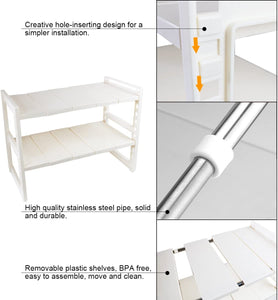 2 Tier Multifunctional Expandable Under Sink Organizer Storage Rack with Removable Shelves and Steel Pipes