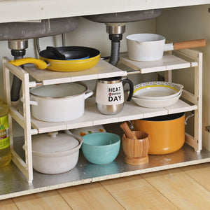 2 Tier Multifunctional Expandable Under Sink Organizer Storage Rack with Removable Shelves and Steel Pipes