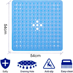 Anti-Slip Non Slip Square Shower Floor Mat with Drain Holes Blue Large 54x54cm