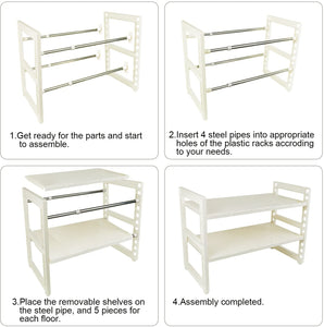 2 Tier Multifunctional Expandable Under Sink Organizer Storage Rack with Removable Shelves and Steel Pipes