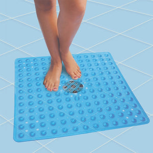 Anti-Slip Non Slip Square Shower Floor Mat with Drain Holes Blue Large 54x54cm