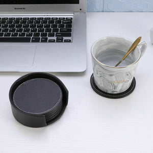 Round 6 PCS PU Leather Heat Insulation Cup Mat Holder with Coaster Set