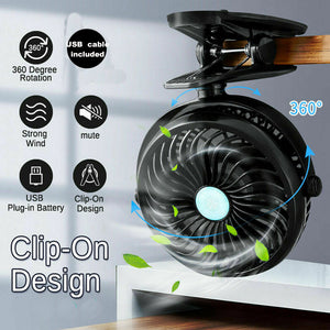 360° Portable Travel Fan Rechargeable USB Clip On Mini Hand Held Desk Fans