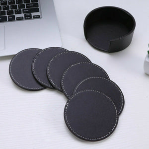 Round 6 PCS PU Leather Heat Insulation Cup Mat Holder with Coaster Set